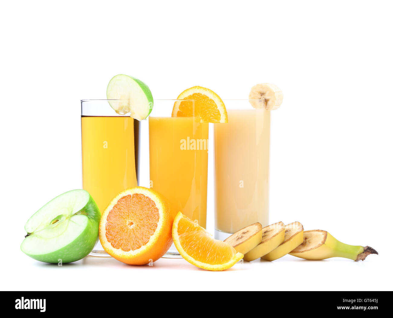 orange, apple and banana juice Stock Photo