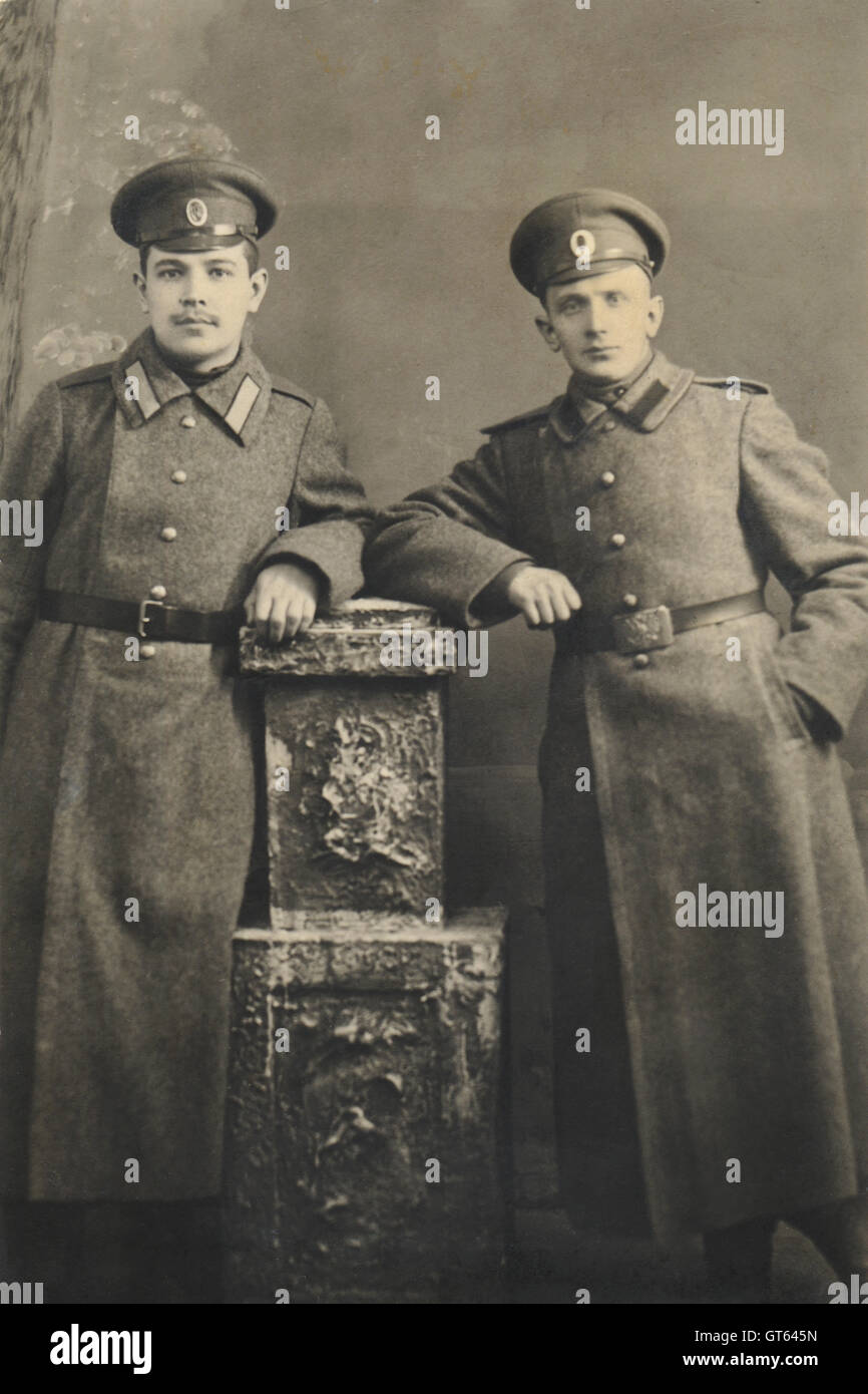 Vintage portrait of the two servicemen at the beginning of the twentieth century, Russia Stock Photo