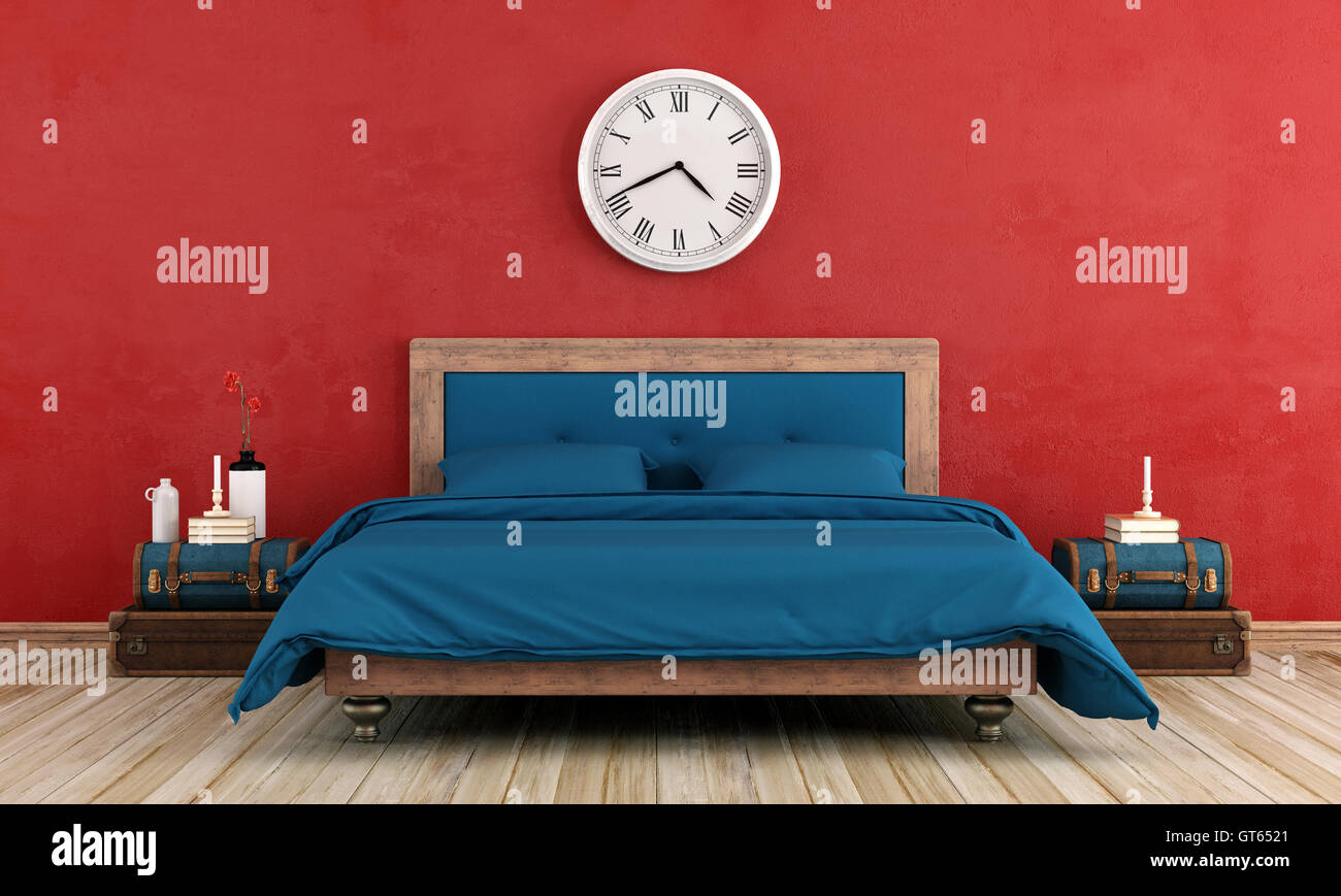 Vintage Master Bedroom With Blue Bed And Red Old Wall 3d