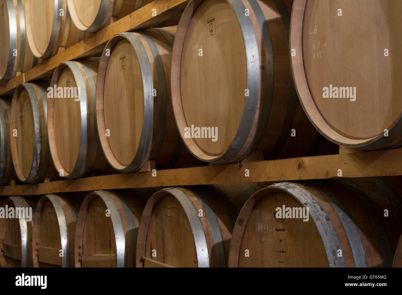 Rows of wooden barrel in a winery Stock Photo - Alamy
