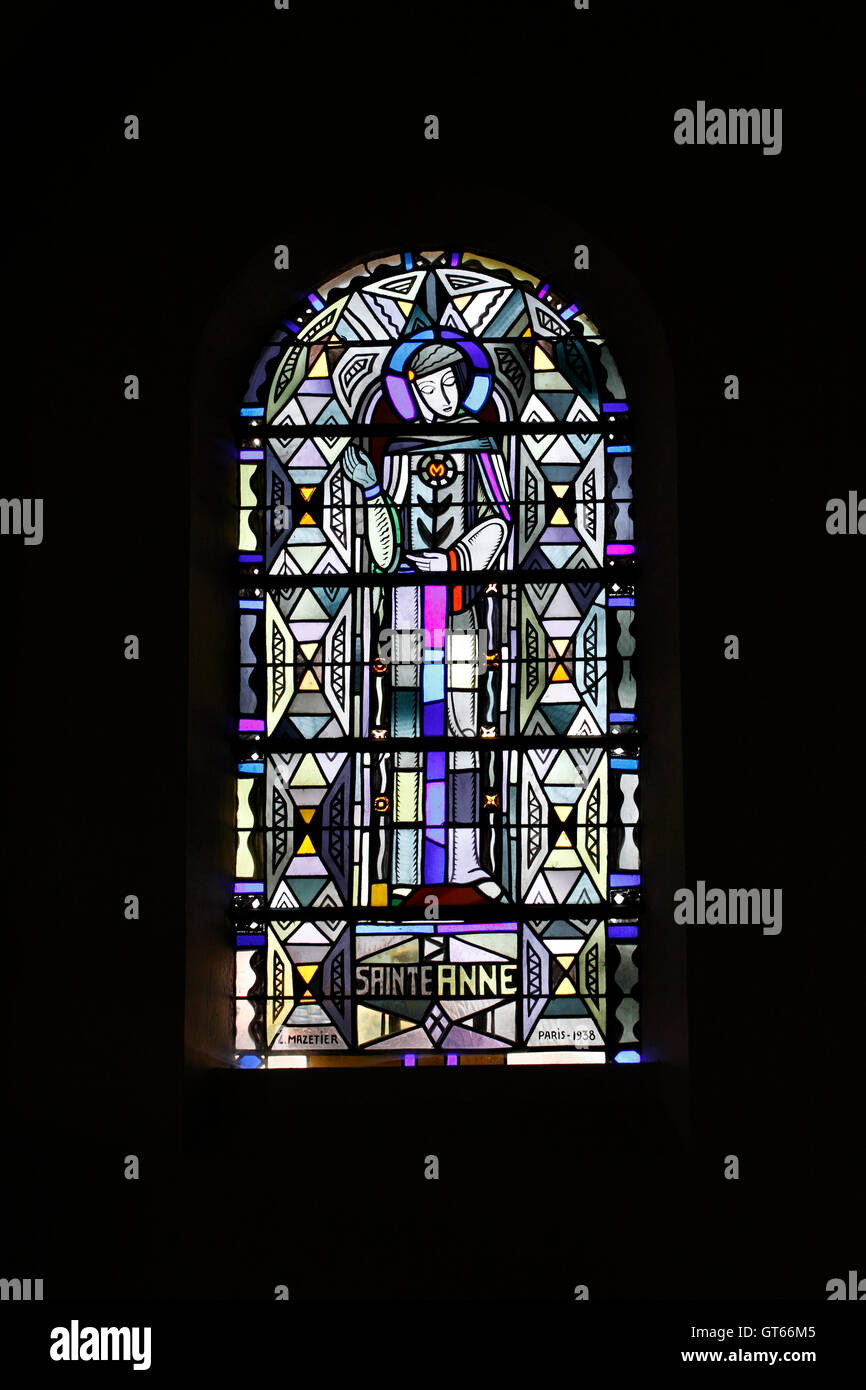 Stained glass in the Eglise de Coex. Normandy, France. Stock Photo
