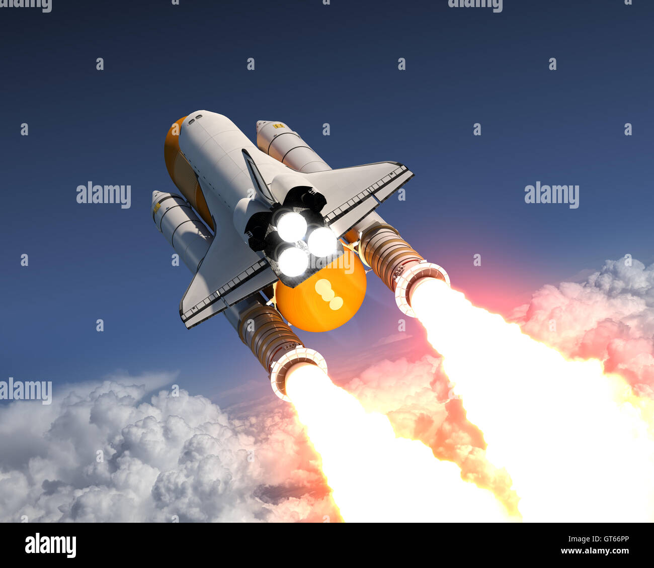 Space Shuttle Launch Above The Clouds. 3D Illustration. Stock Photo