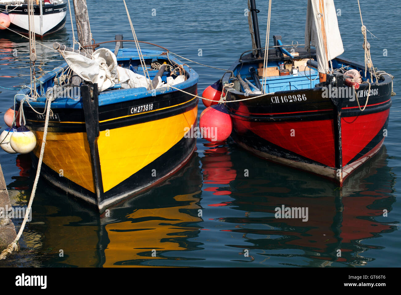 Traditional sailing fishing boats at Barfleur Normandy, France. Stock Photo