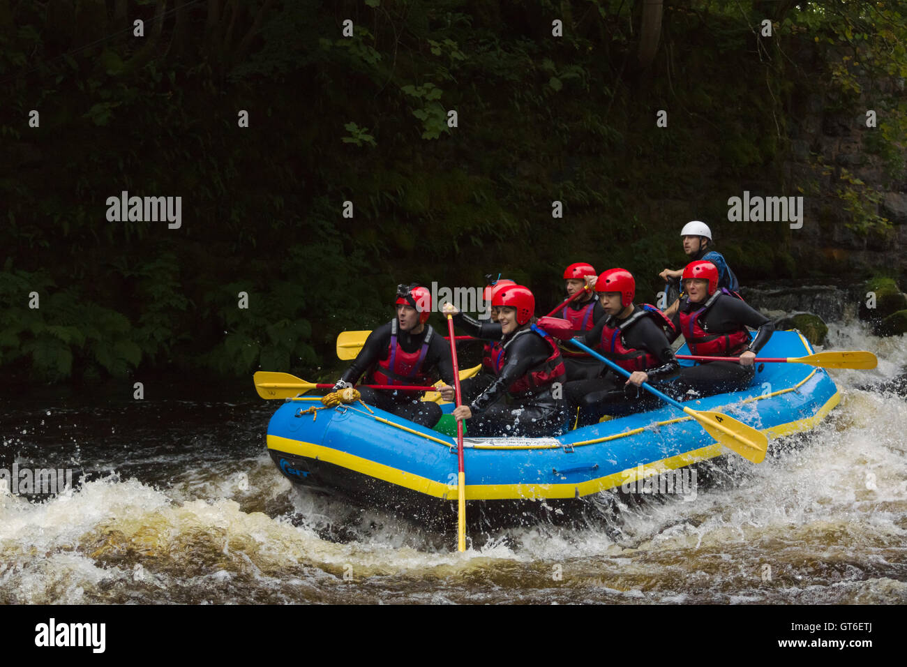 White water rafting at the National White Water Centre on the River Tryweryn outside Bala North Wales Stock Photo