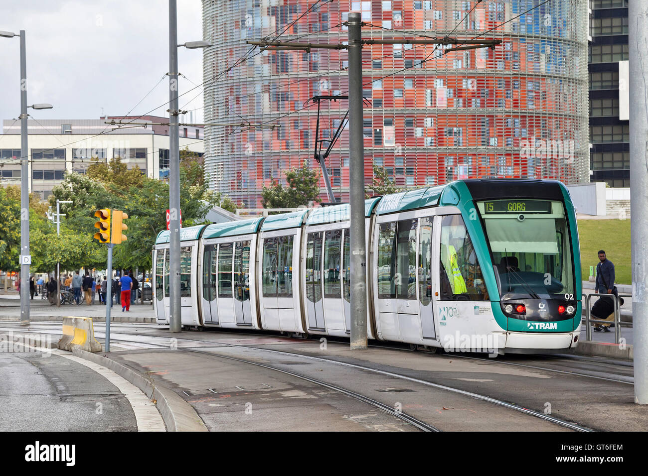 Barcelona tram known as Trambaix with Agbar tower on background Stock Photo