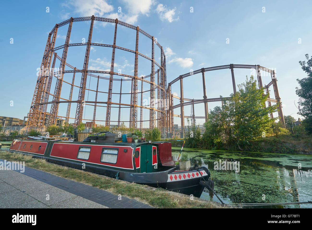 Regents Canal,  Gas holders,  gasometers. houseboat, Stock Photo