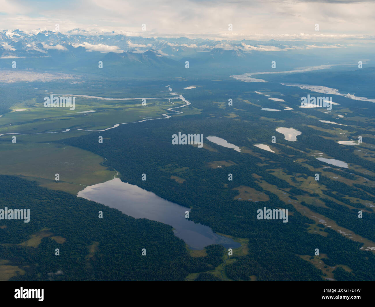 Aerial view of the Alaska Range, Swan Lake (foreground) and the