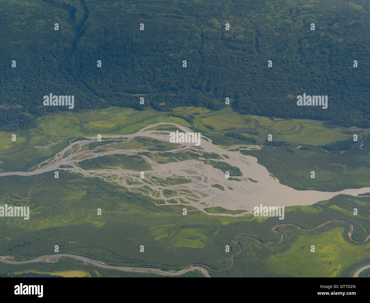 Aerial view of a braided river on a flight from Talkeetna to Denali; likely the Tokositna River. Stock Photo