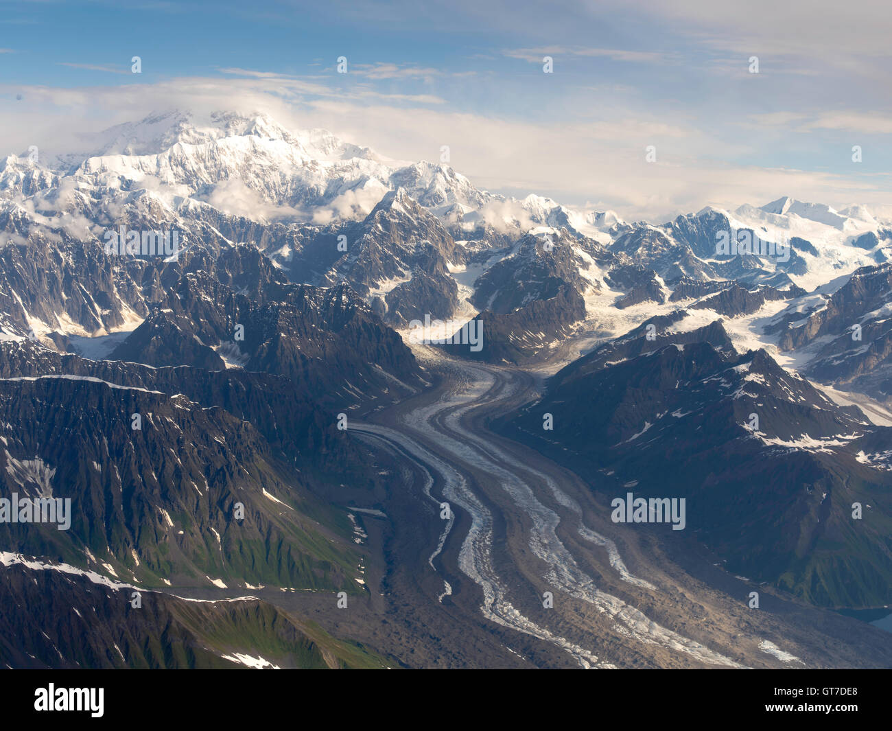 Aerial view of Denali (Mt. McKinley), the Tokositna Glacier and the Alaska Range on a sightseeing flight from Talkeetna, Alaska. Stock Photo