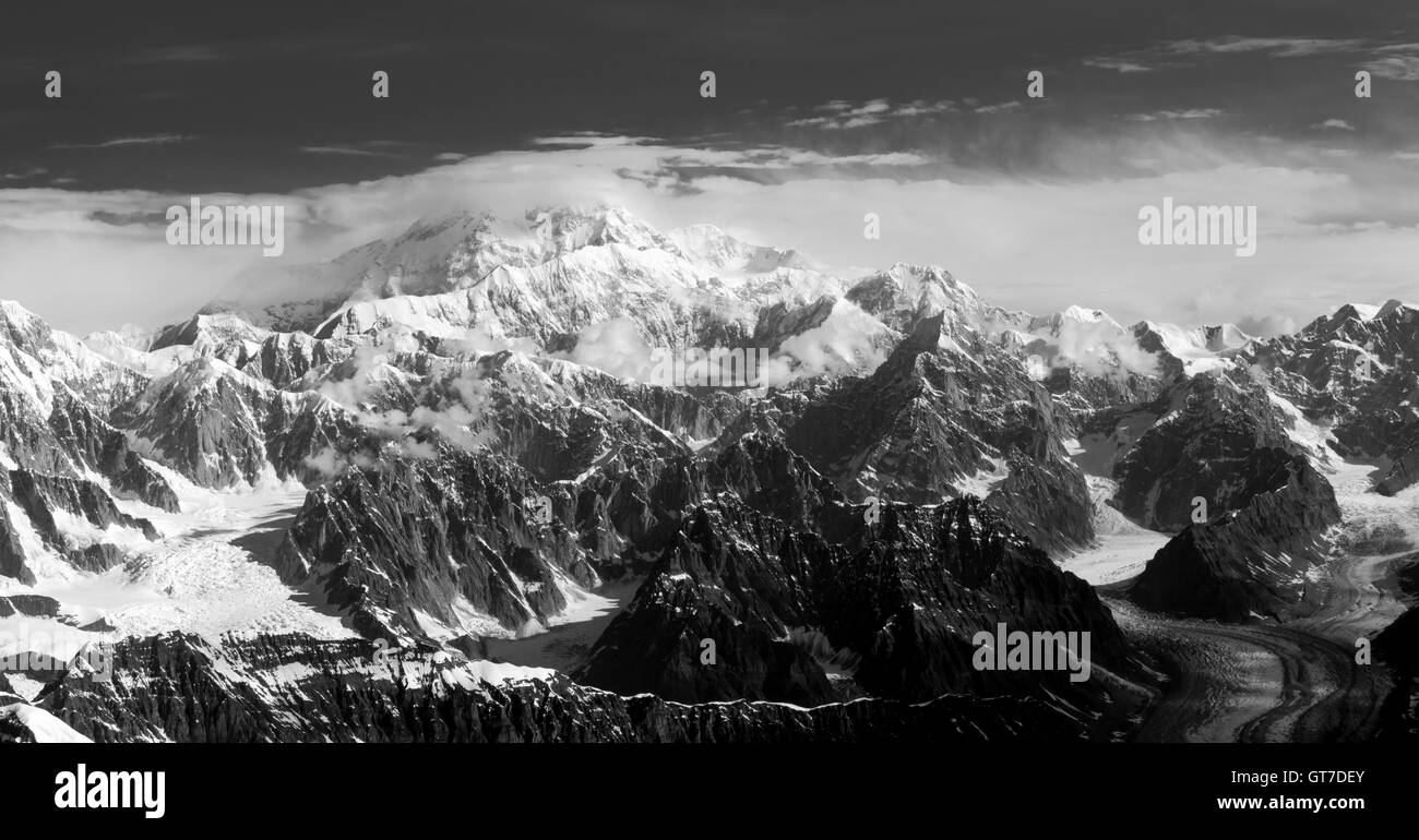 Aerial view of Denali (Mt. McKinley), the Tokositna Glacier (right ...