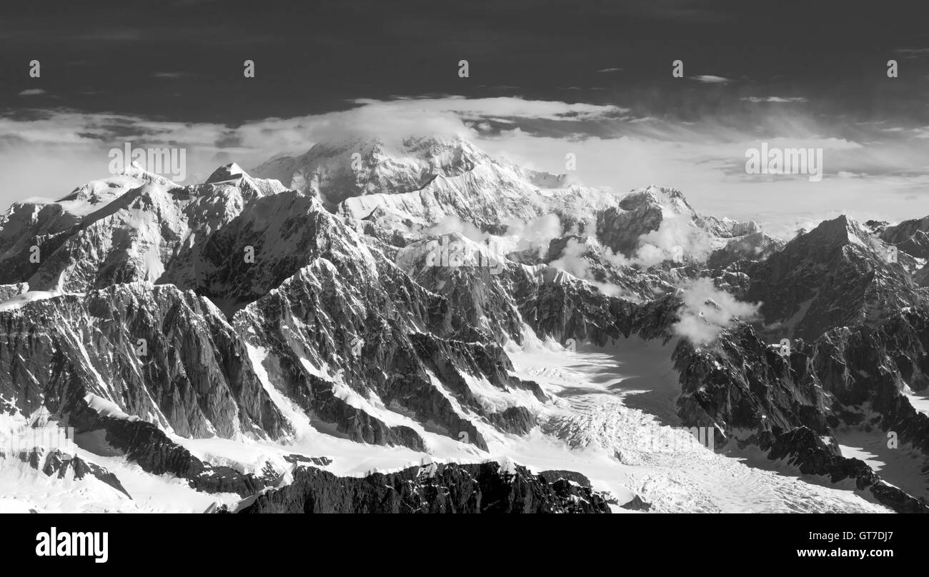 Aerial view of Denali (Mt. McKinley), the Kahiltna Glacier and the ...