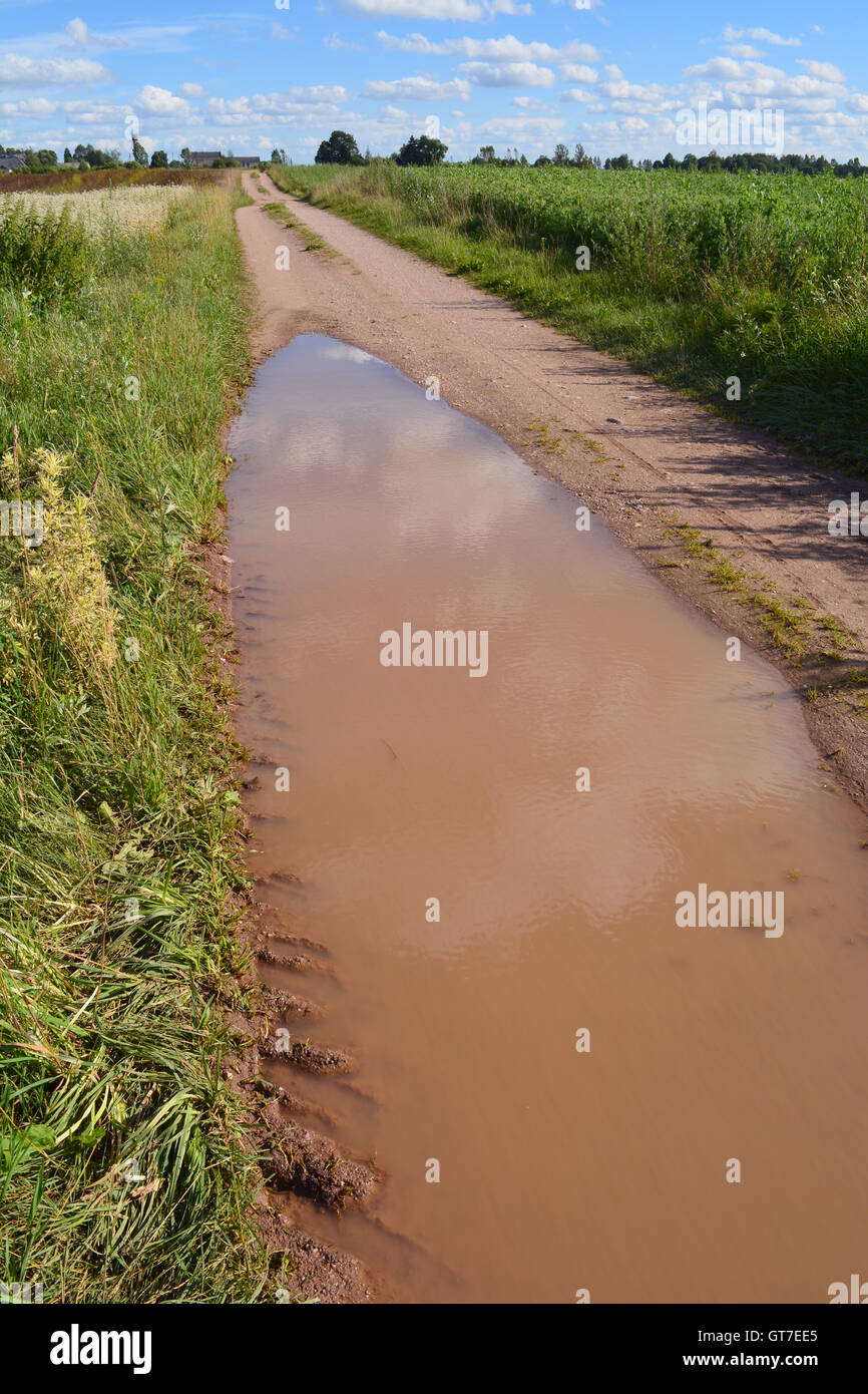 Big brown puddle on the country road after rain in countryside Stock Photo