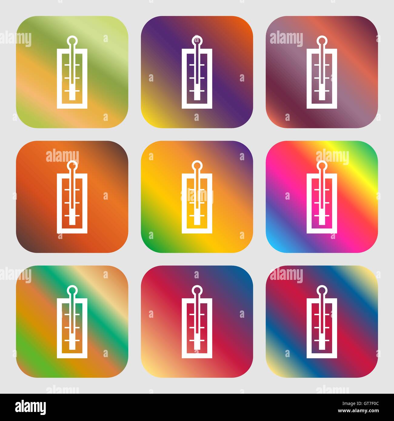 Thermometer sign icon . Nine buttons with bright gradients for ...