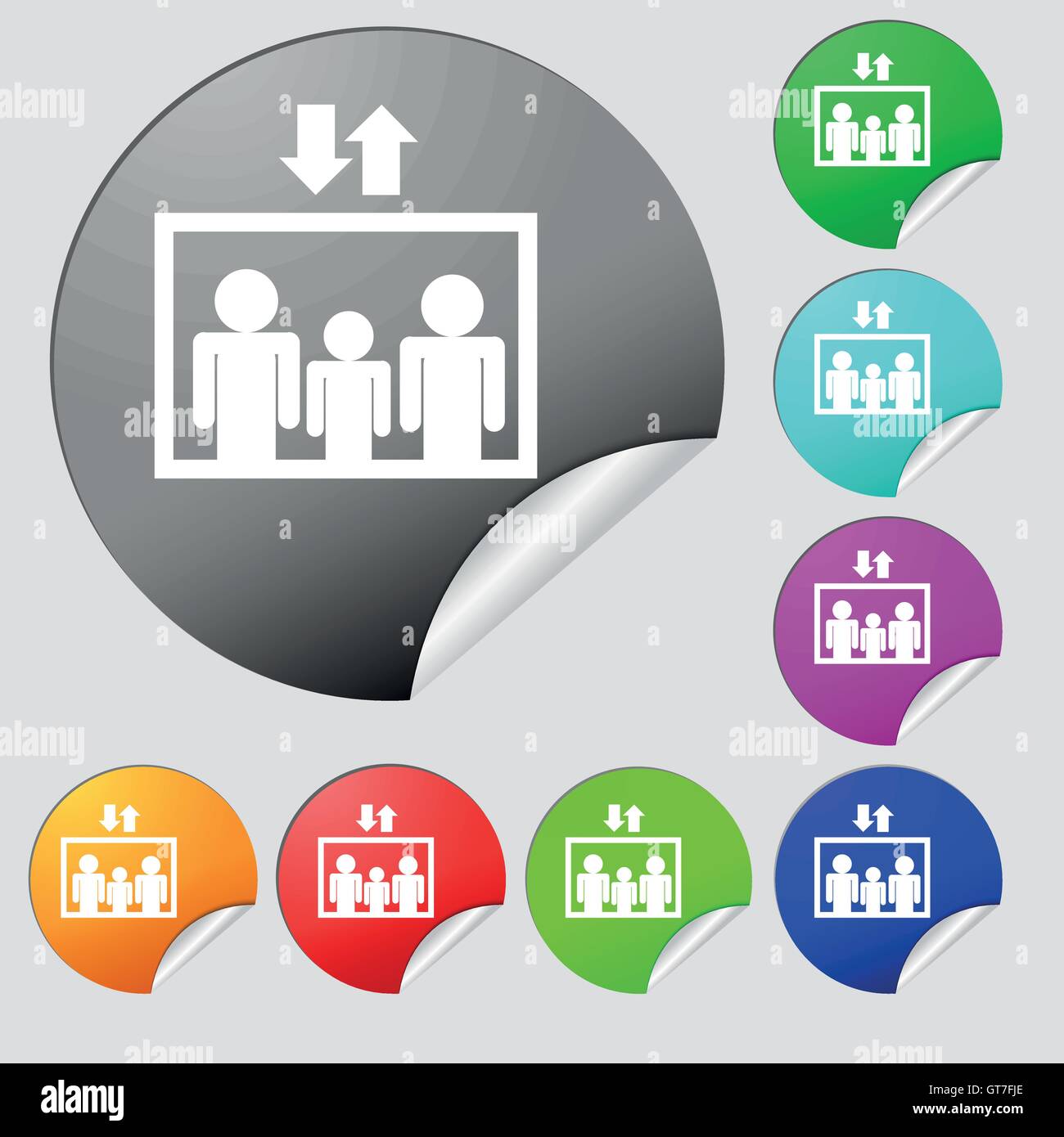 Elevator symbol sign. Set of eight multi colored round buttons