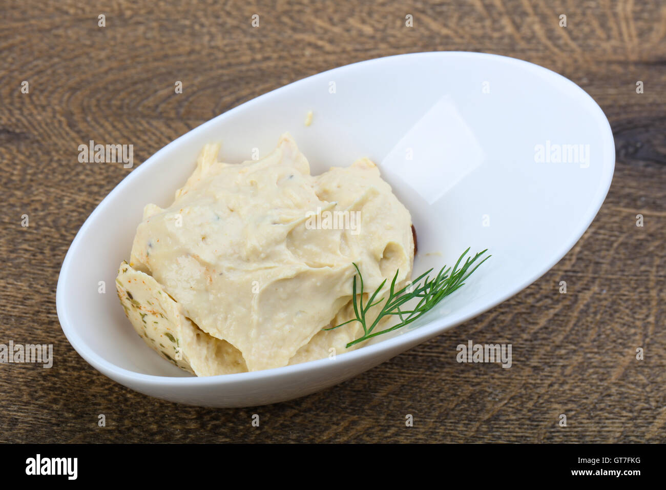Arabic traditional cusine hummus with dill and cedar nuts Stock Photo