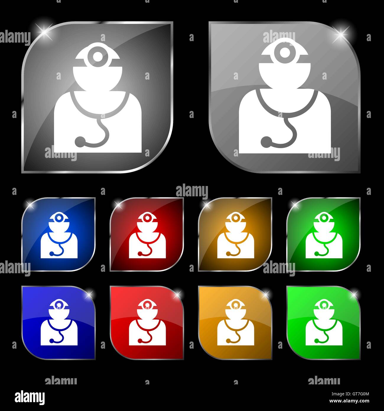 Doctor with stethoscope around his neck icon sign. Set of ten colorful buttons with glare. Vector Stock Vector