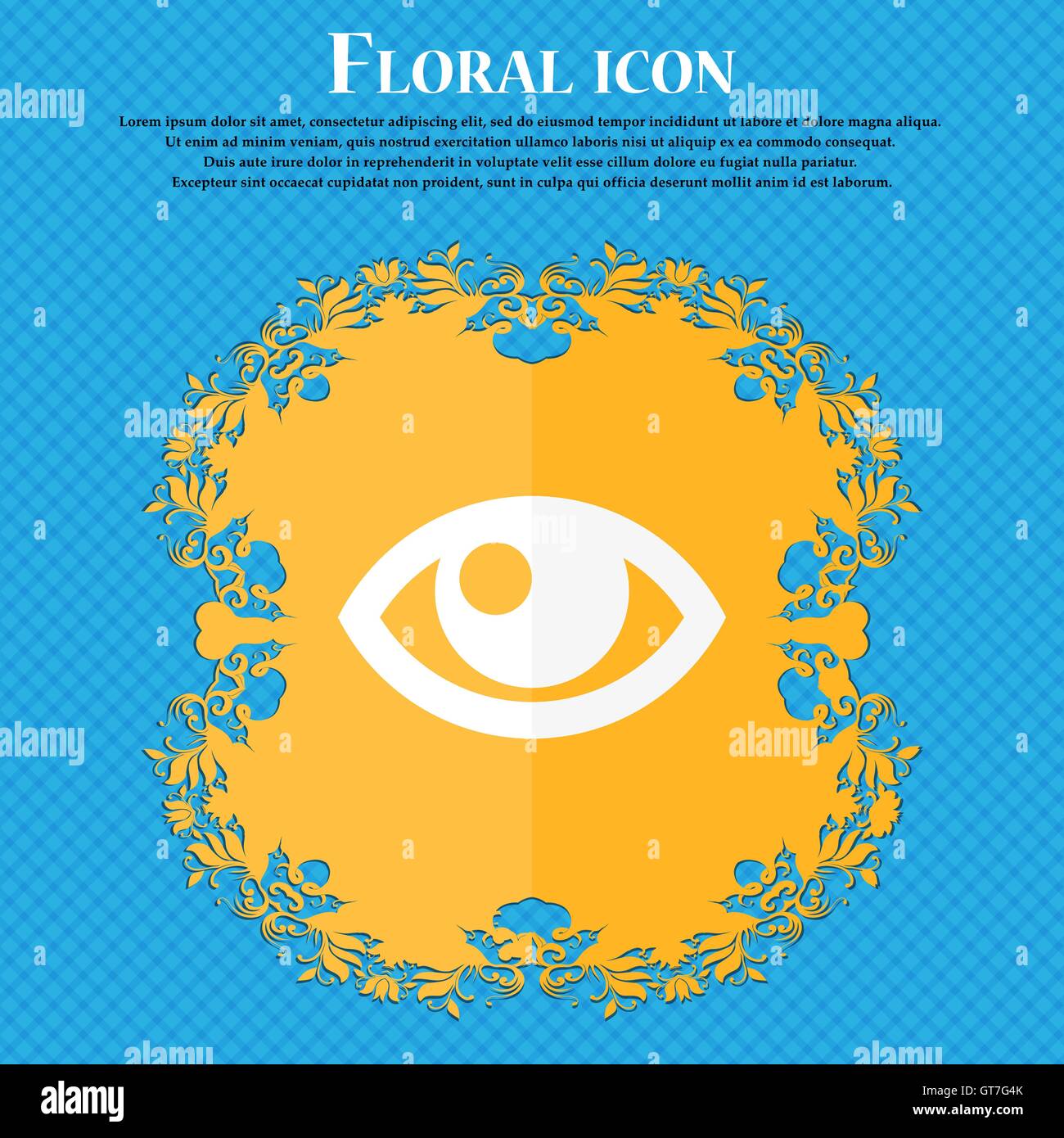 Eye icon. Floral flat design on a blue abstract background with place ...