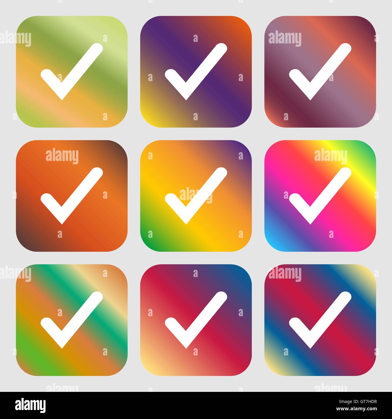 Check mark, tik icon. Nine buttons with bright gradients for beautiful ...