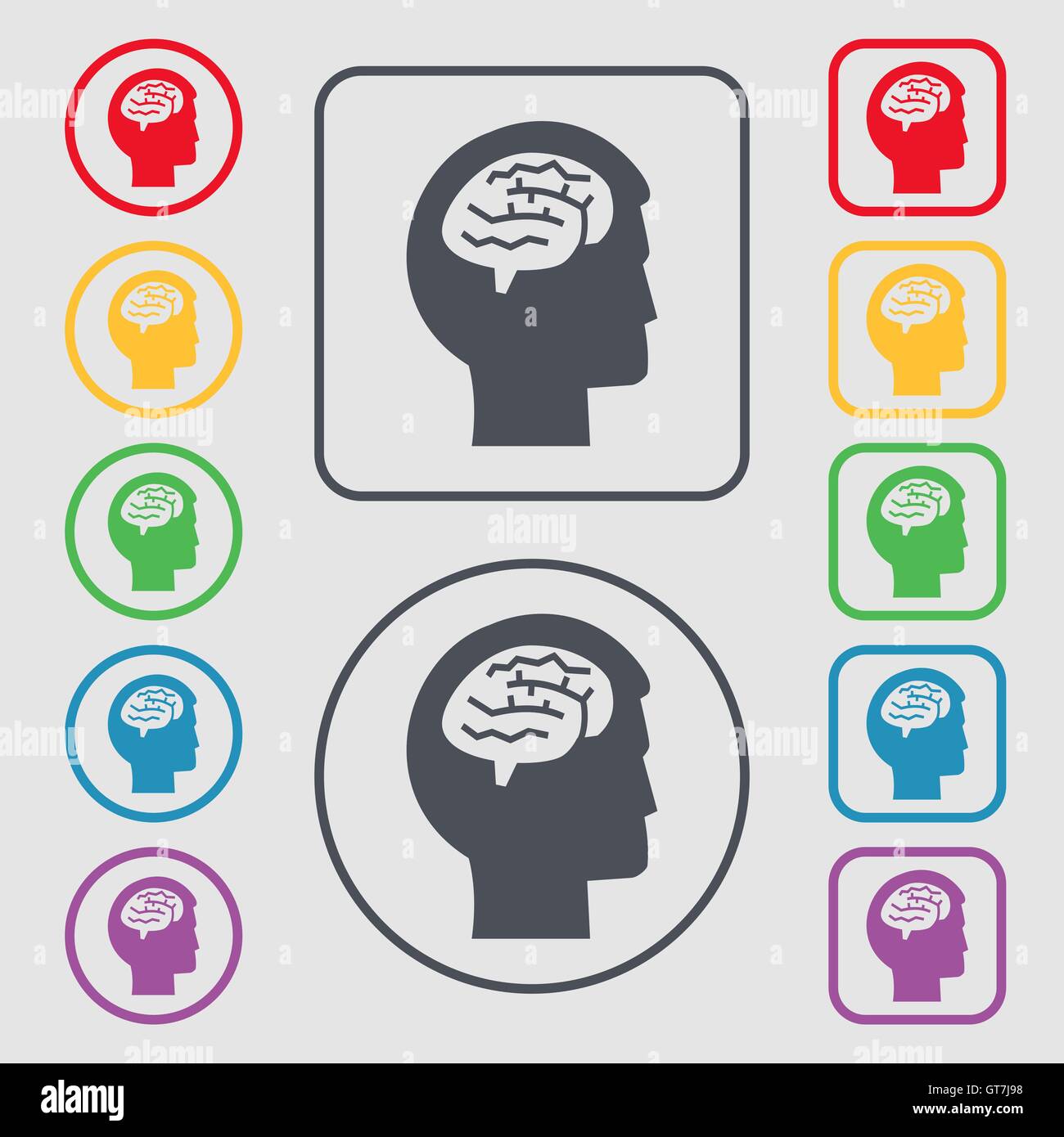 Brain icon sign. symbol on the Round and square buttons with frame ...