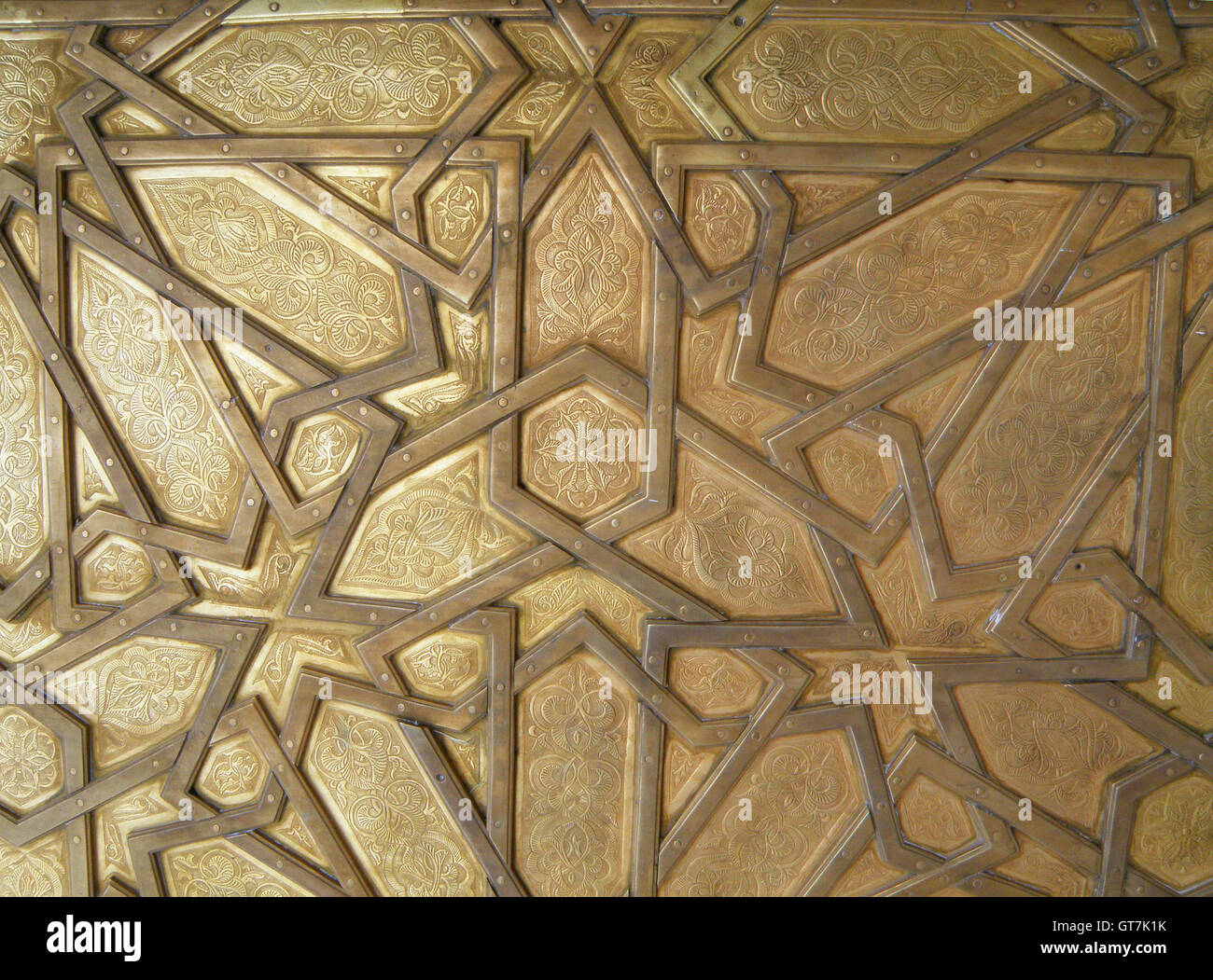 Beautiful Arabian Pattern of the Royal Palace Brass Door in Fez, Morocco, Background, Pattern Stock Photo