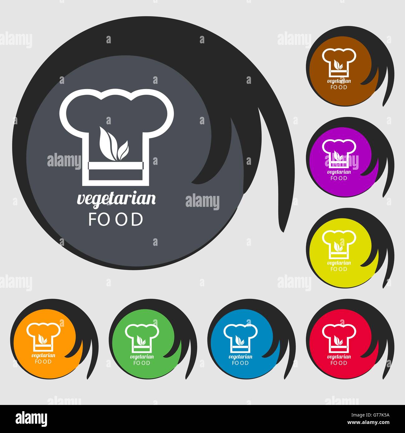 Vegan food graphic design sign icon. Symbols on eight colored buttons ...