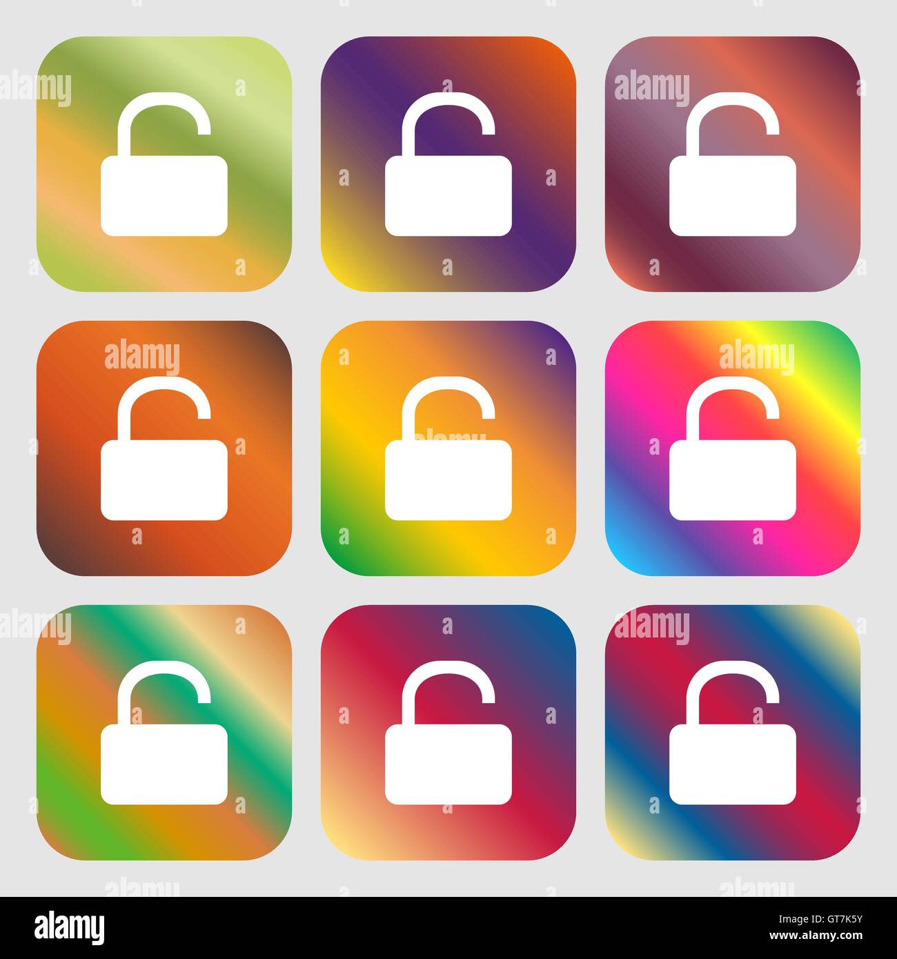 Open Padlock icon. Nine buttons with bright gradients for beautiful ...