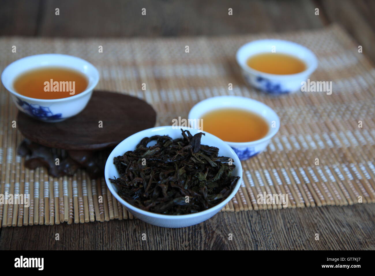 Chinese tea setting with Chinese tea leaf Stock Photo