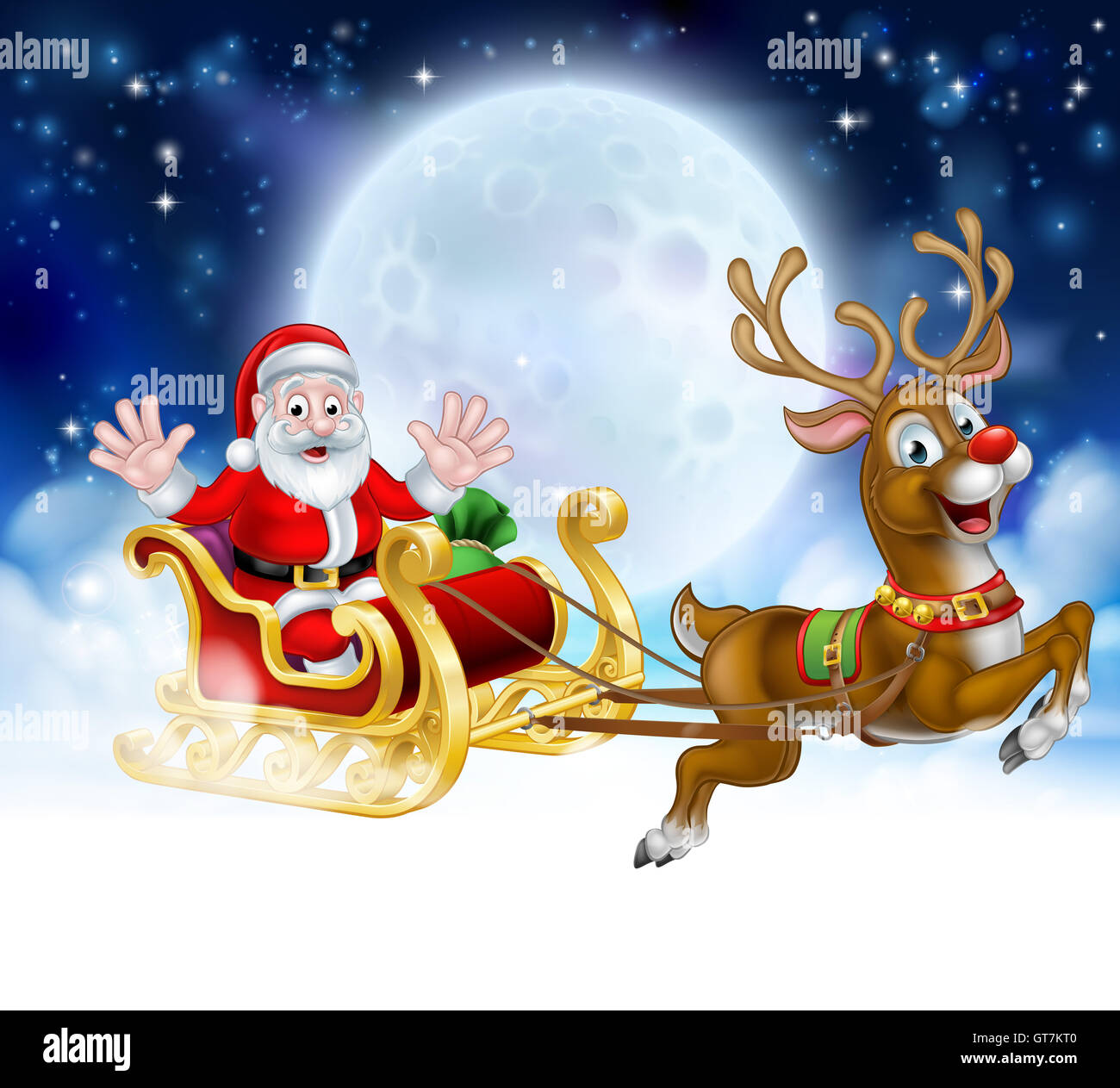 Christmas scene of Santa Claus cartoon character in his sled sleigh with his red nosed reindeer delivering gifts in flying in fr Stock Photo