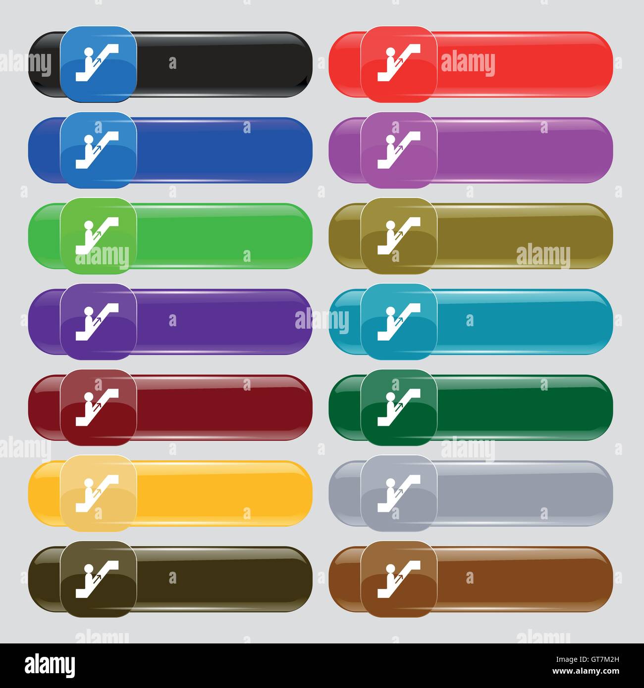 escalator icon sign. Set from fourteen multi-colored glass buttons with ...