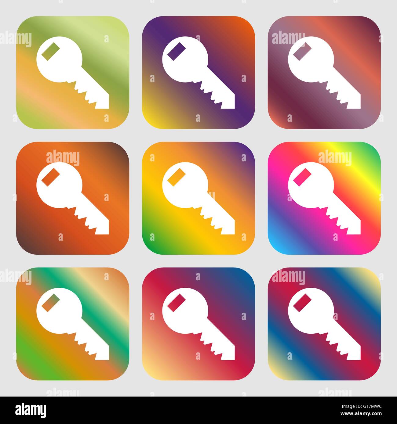 Key sign icon. Unlock tool symbol. . Nine buttons with bright gradients ...