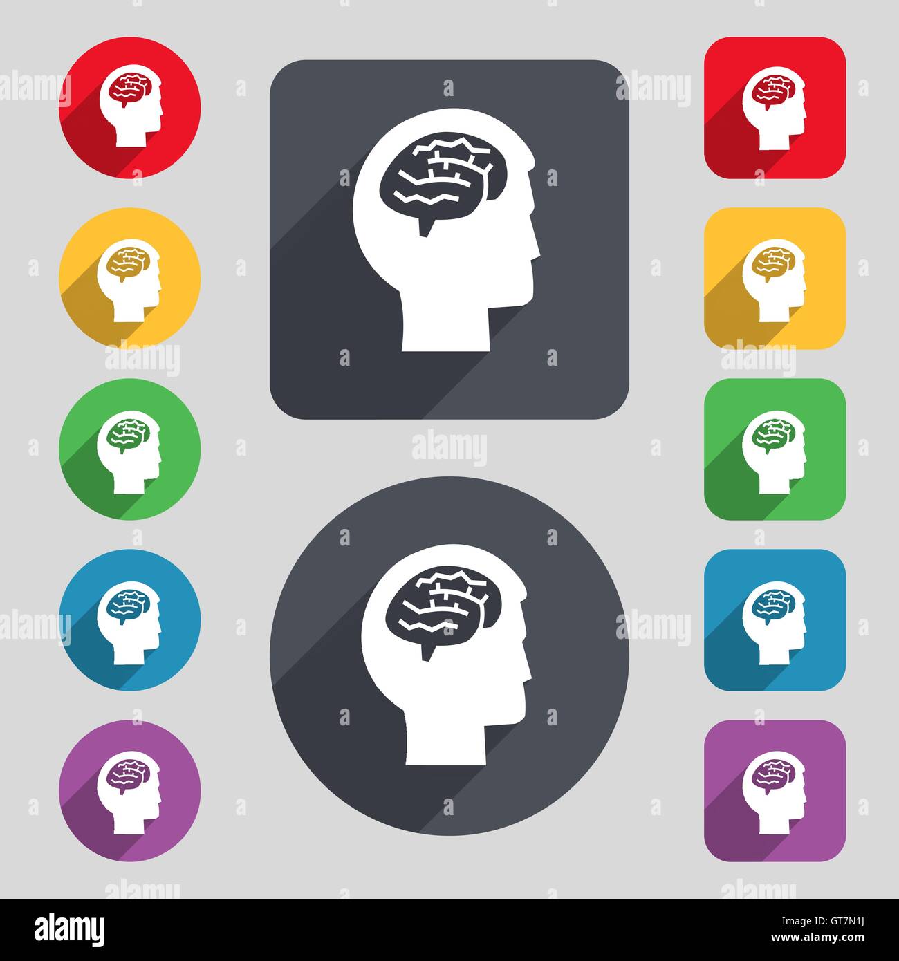 Brain icon sign. A set of 12 colored buttons and a long shadow. Flat ...