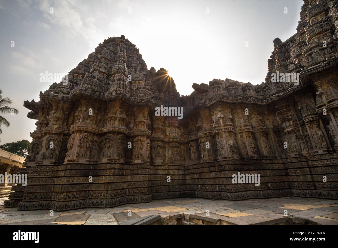 Sun rays piercing the walls of Chennakesava Temple, Somanathapura, near Mysore, Karnataka, India, Asia. Stock Photo