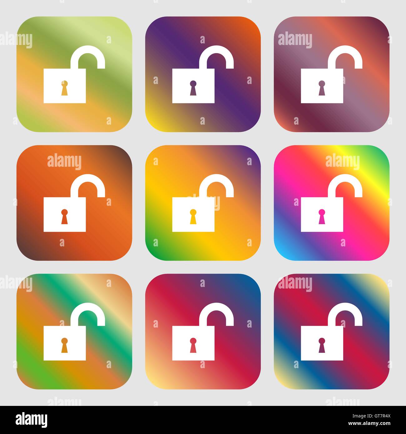 open lock icon. Nine buttons with bright gradients for beautiful design ...