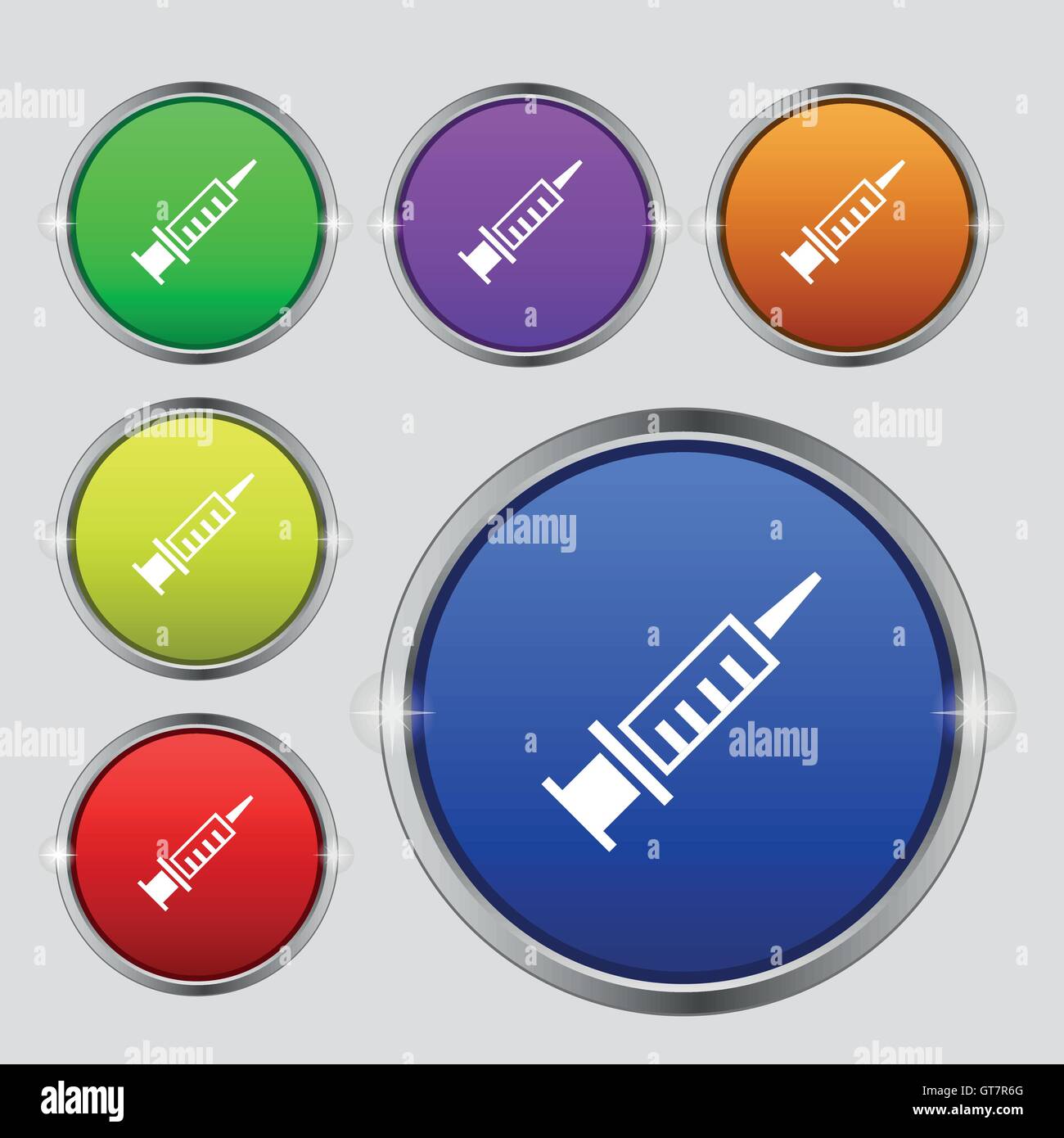 Syringe icon sign. Round symbol on bright colourful buttons. Vector