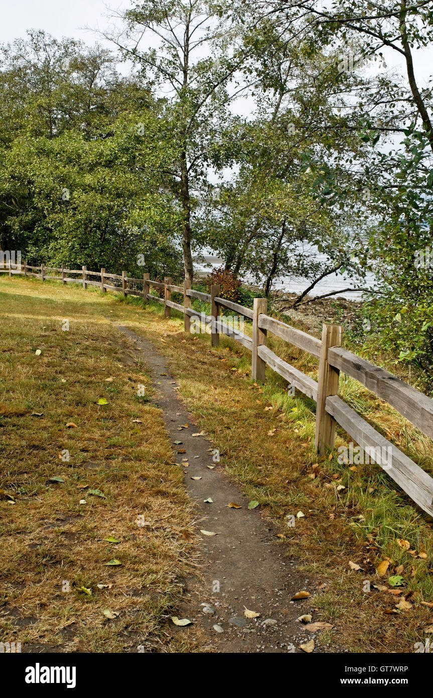 Dirt walking path and curved wooden fence in late summer, Pacific Spirit Regional Park, Vancouver, British Columbia, Canada Stock Photo