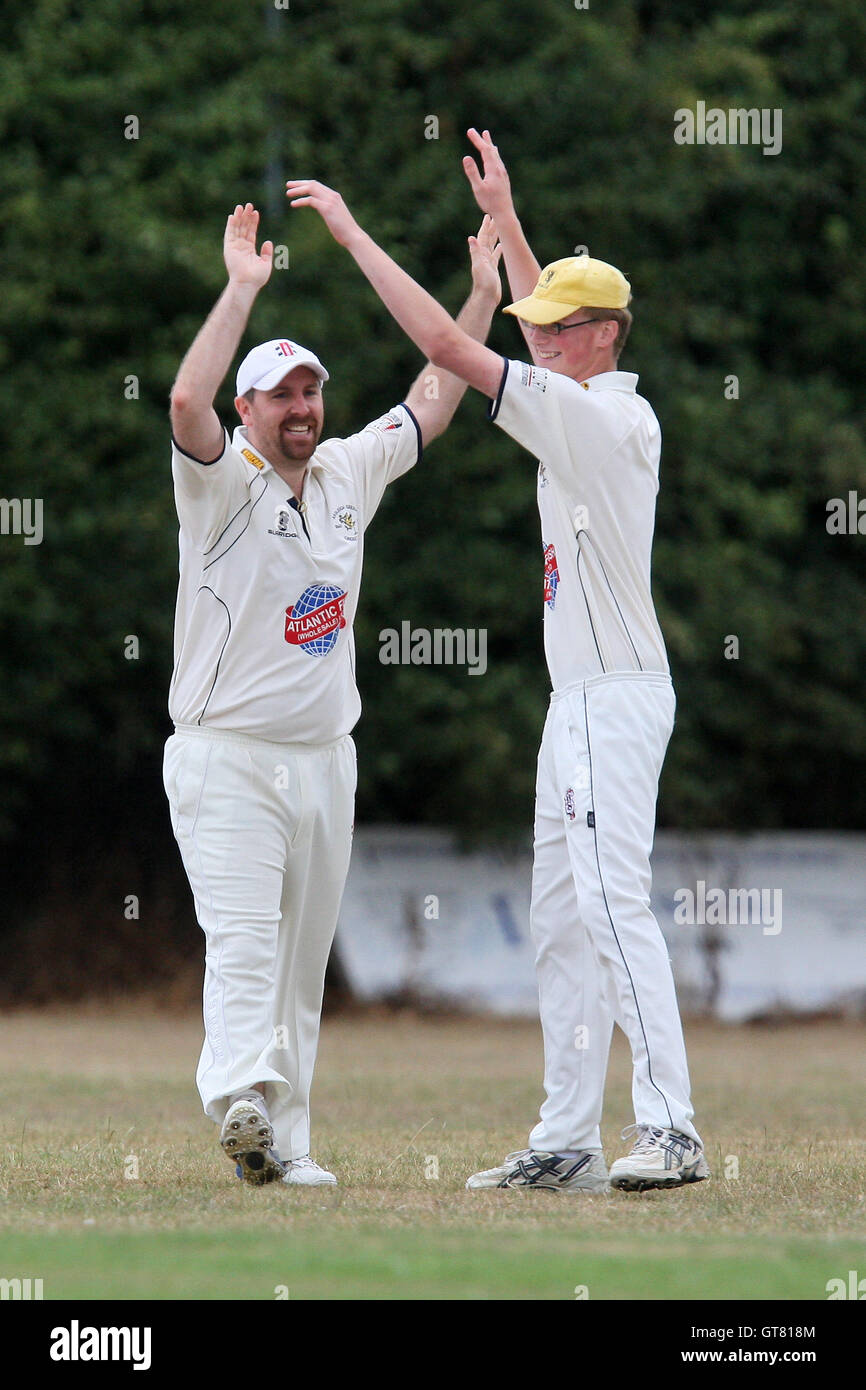 K Chapman of Ardleigh Green takes a catch to dismiss N Thorpe and celebrates (L) - Ardleigh Green CC 4th XI vs Old Parkonians CC 3rd XI - Essex Cricket League - 07/08/10 Stock Photo