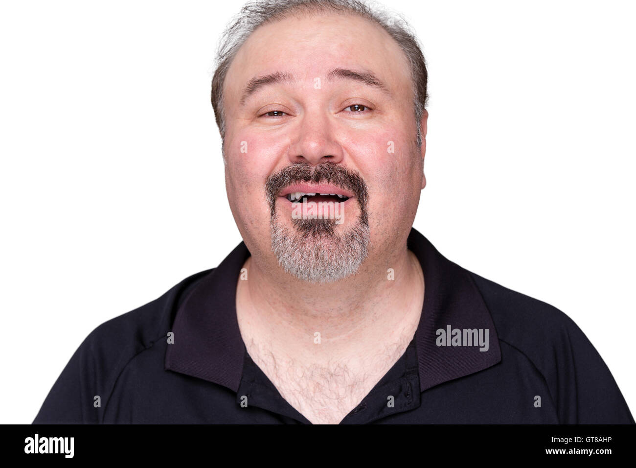 Close up Portrait of a Happy Middle Age Man, Wearing Black Polo Shirt, Looking at the Camera. Isolated on White Background. Stock Photo