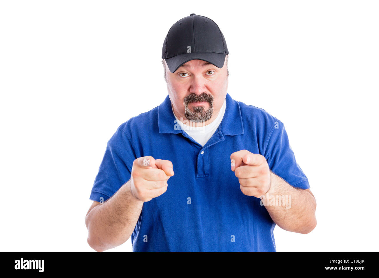 Sceptical casual middle-aged man showing his disbelief pointing at the camera and raising his eyebrows in distrust, upper body i Stock Photo