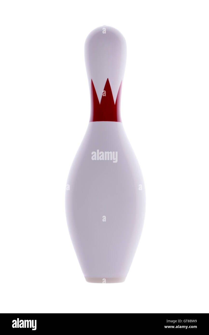 Single isolated bowling pin for playing tenpin bowling in an indoor alley with a colorful red collar on a white background Stock Photo
