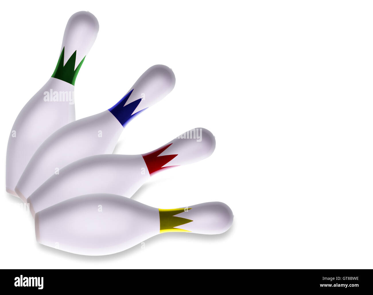 Set of four decorative fanned bowling pins with different colored