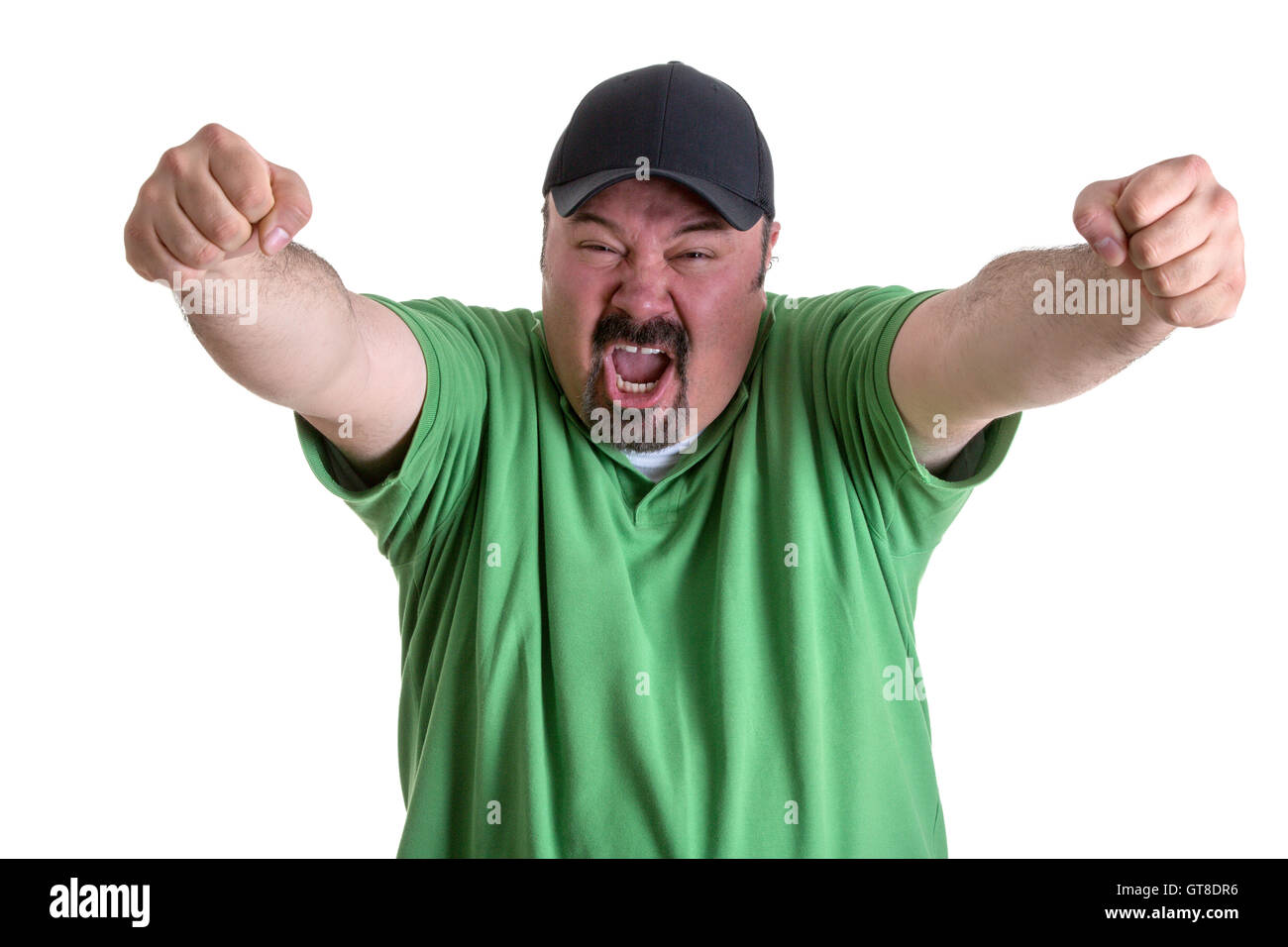 Happy Portrait of a Bearded Adult Man, in Casual Green Shirt with Cap