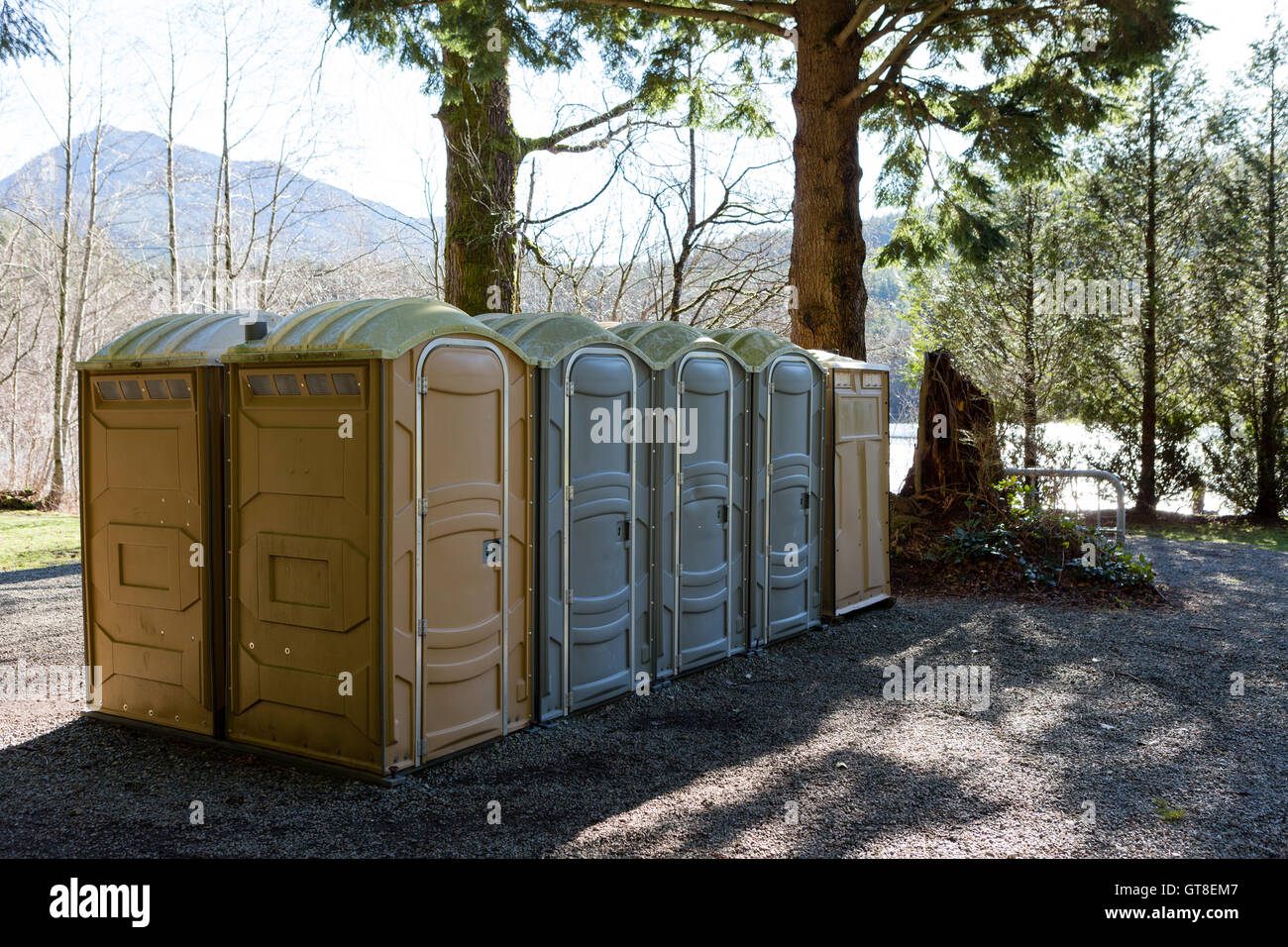 Row of public Portapotty toilets in a park for public ablutions using chemical toilets and deodorizers for smell, standing in th Stock Photo
