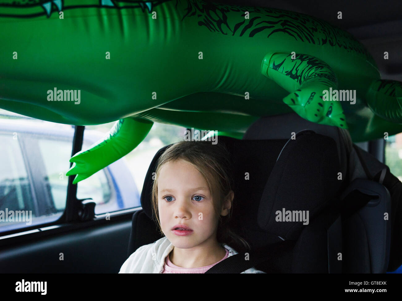 6 year old girl sitting in the car with a green plastic crocodile, Germany Stock Photo