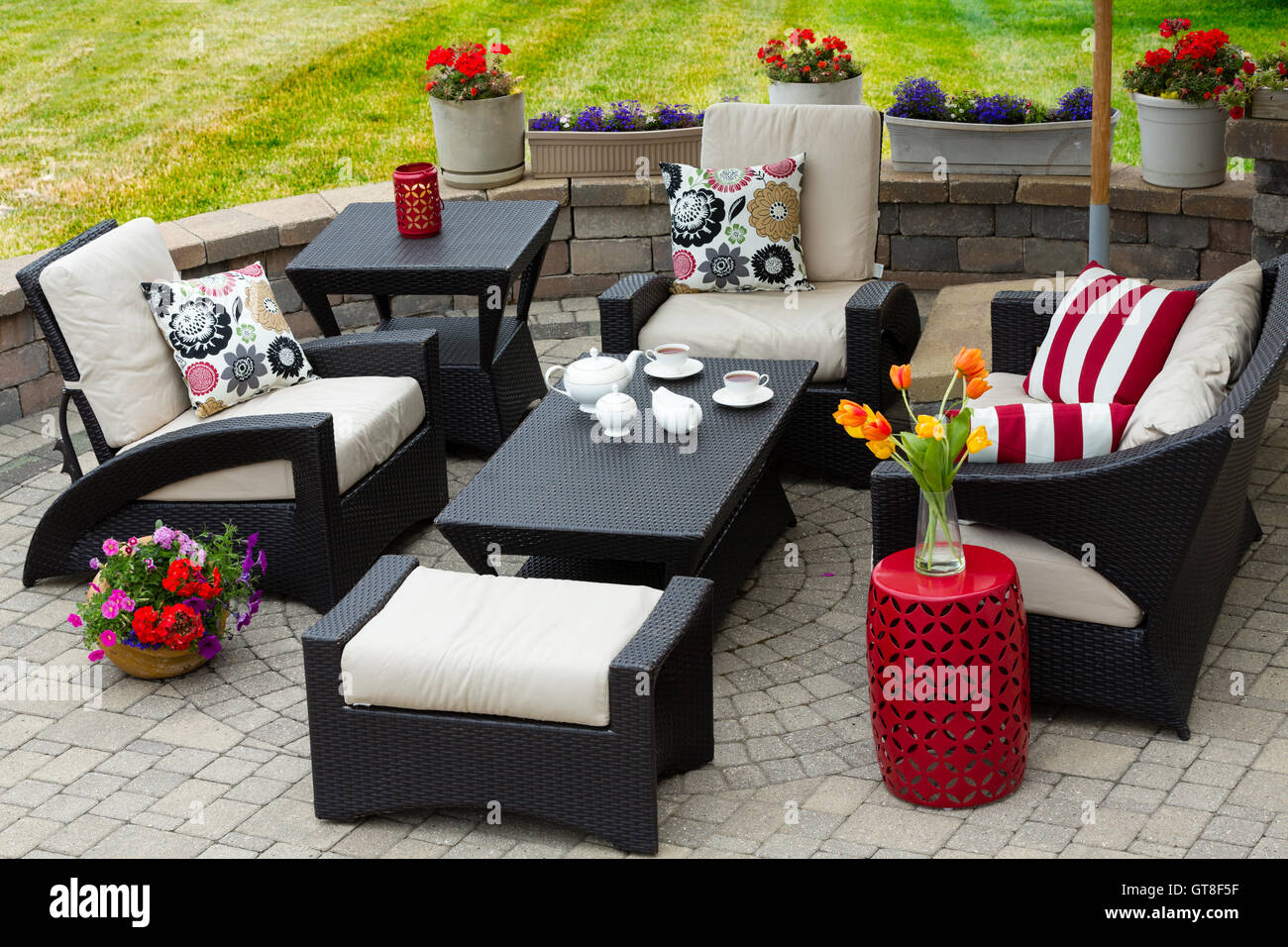 Overview of Upscale Patio Set, Dark Wicker Luxury Furniture with Comfortable Cushions on Outdoor
