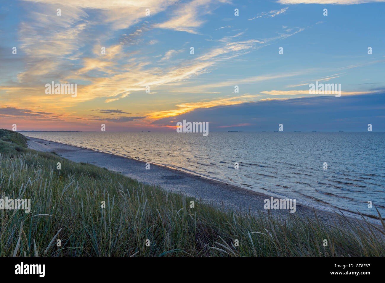 Beach at Sunrise, Bunken, Aalbaek Bay, Baltic Sea, North Jutland, Denmark Stock Photo