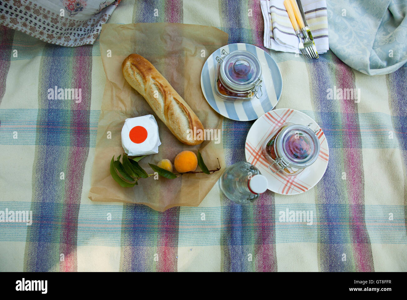 Overhead View of Picnic Spread on Blanket with Baguette, Wrapped Cheese and Fruit with Water Bottle Stock Photo