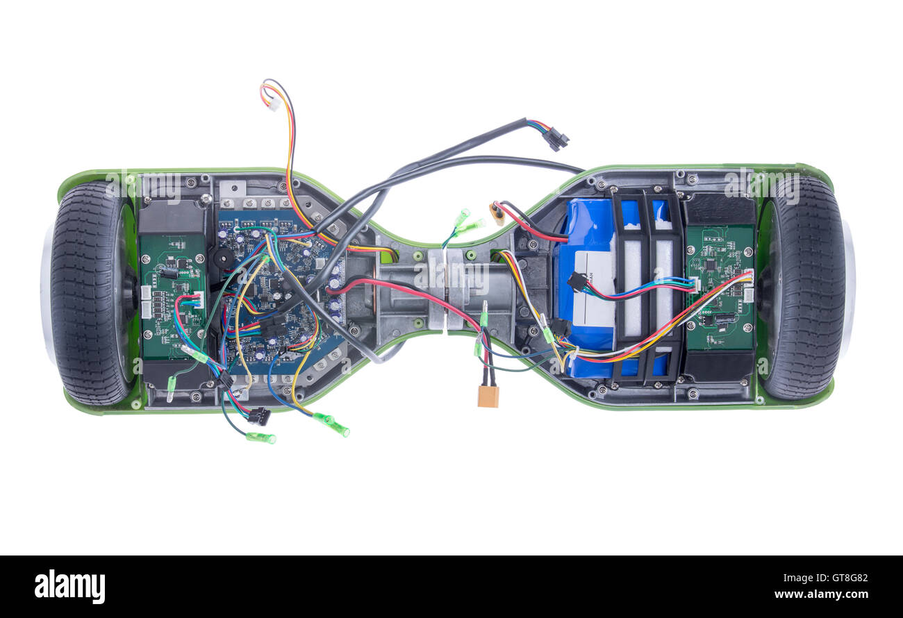 High Angle View of Dual Wheel Self Balancing Electric Skateboard with Exposed Wires and Circuit