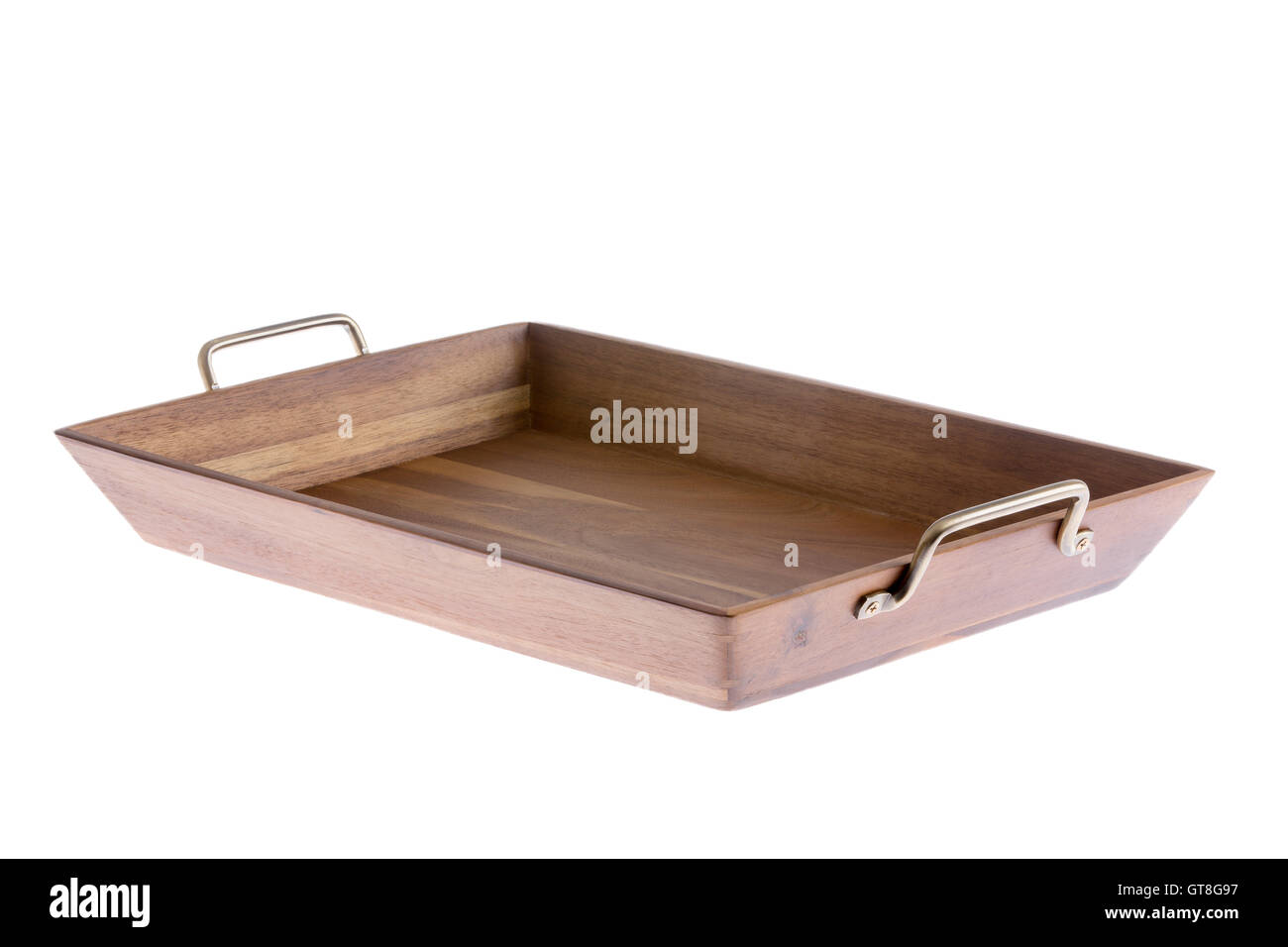 Empty rectangular wooden tray with brass handles for serving food or