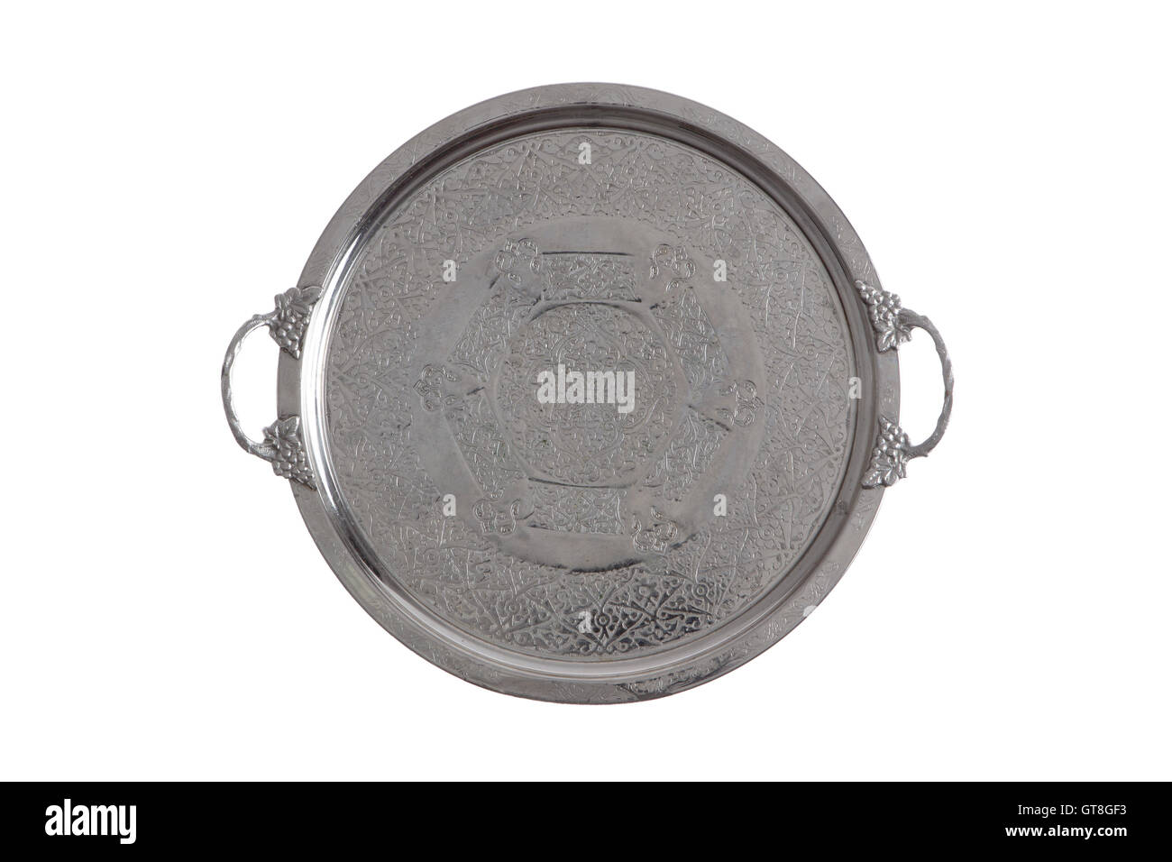 Embossed round silver coffee tray with a decorative floral pattern and