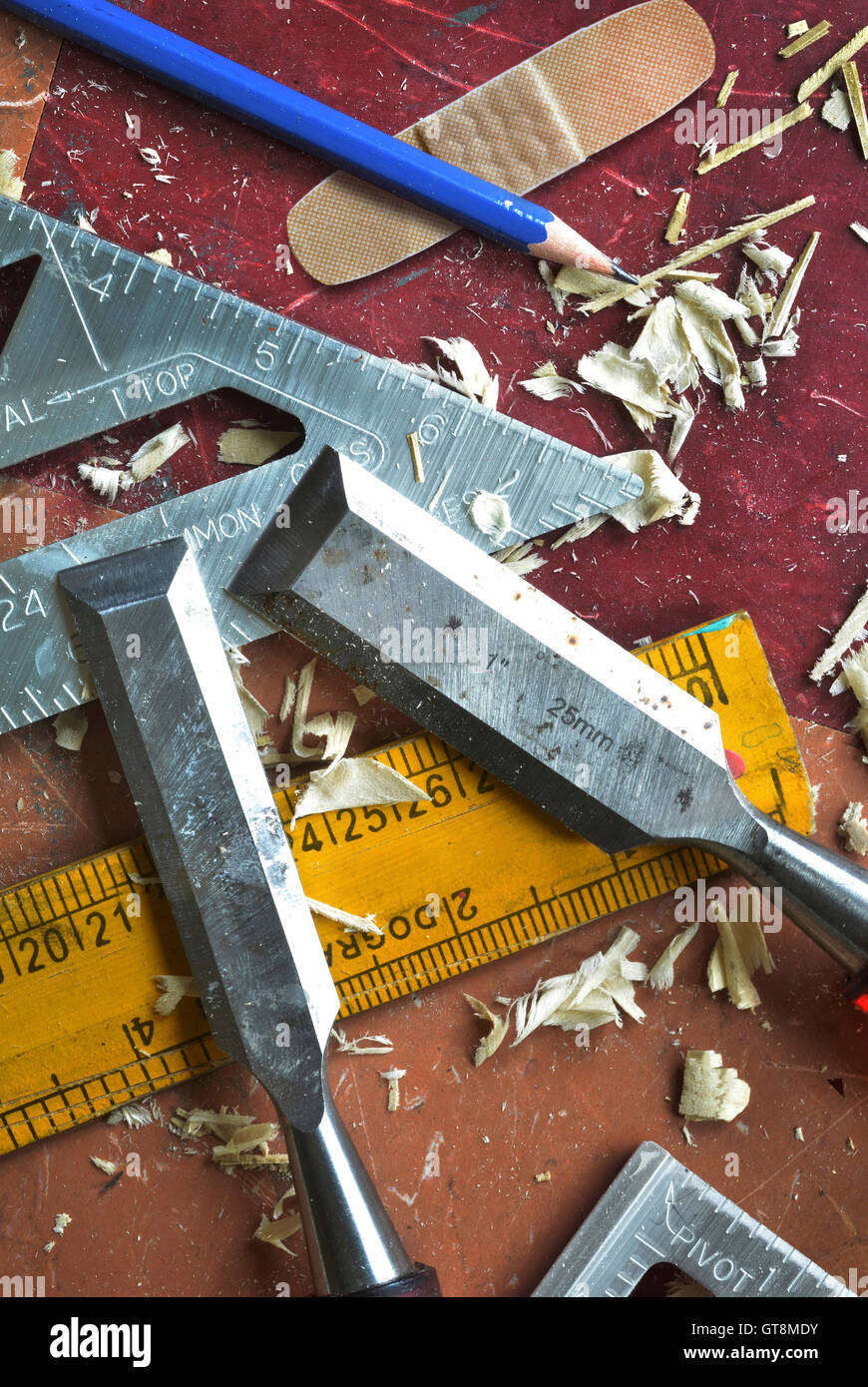 Close-up of Various Woodworking Tools Stock Photo